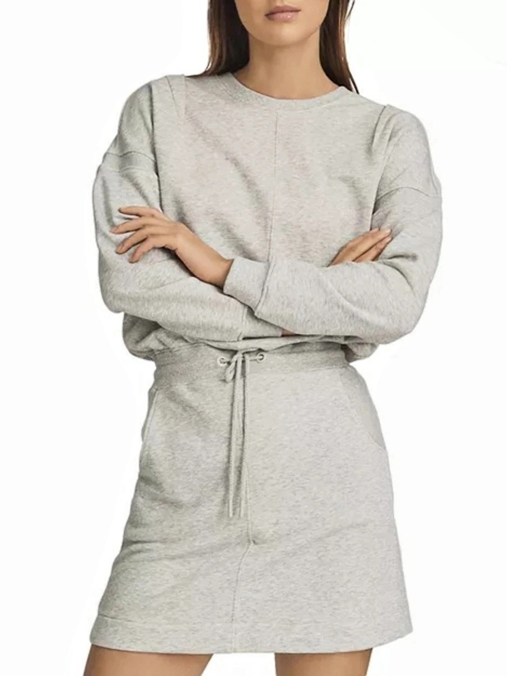 $295 NWT Reiss Jetta Gray Crew Neck Gathered Waist Sweat Mini Dress Size M